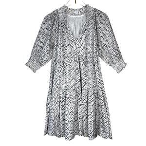 Steele Fierra Tiered Mini Dress Smocked Puff Sleeve Black White Spotted SMALL